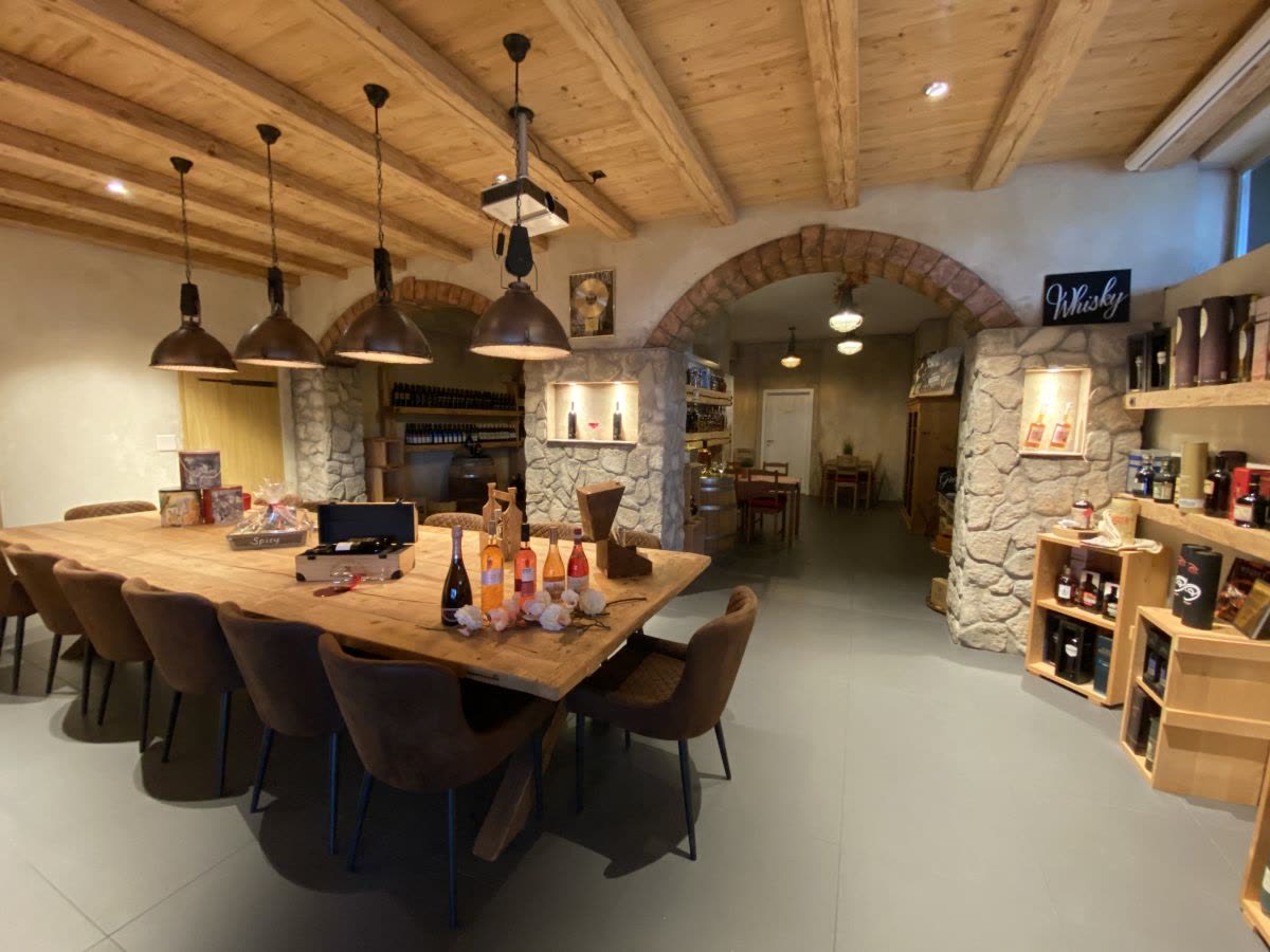 The dining room under wood beams